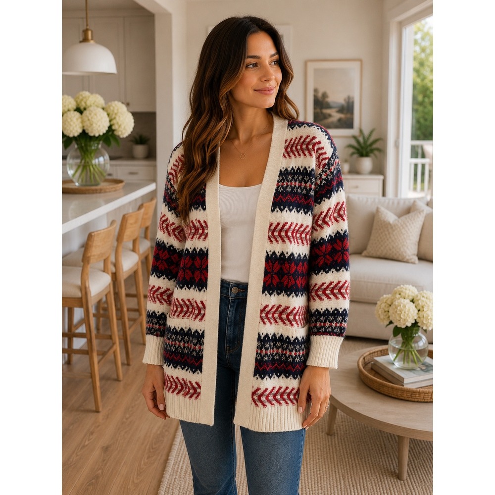 St John's Bay Women Fair Isle Open Front Cardigan Sweater PM Red Navy White